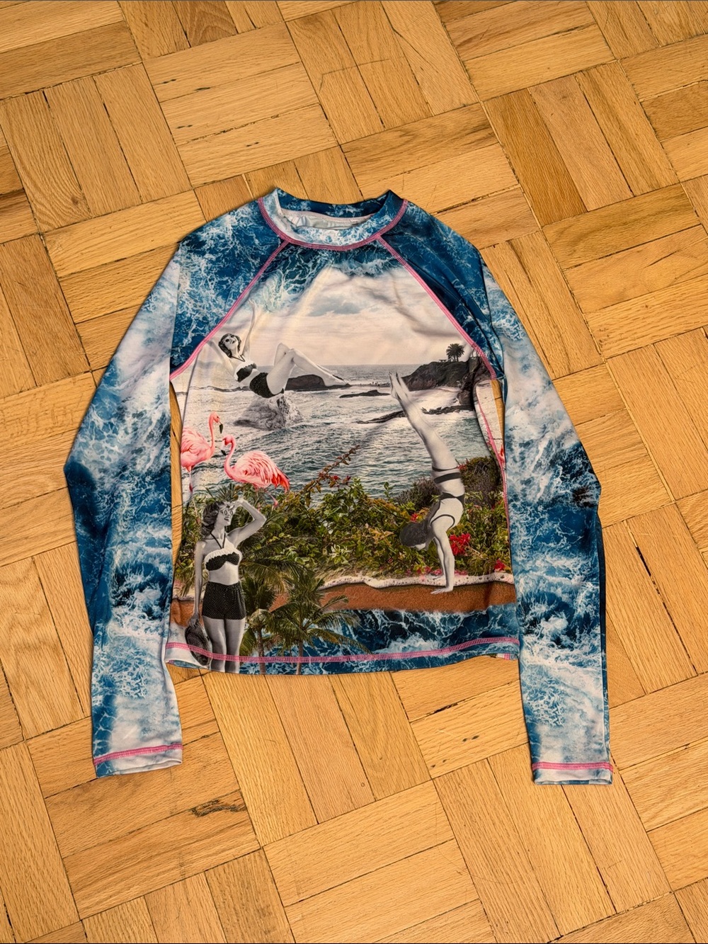 Terez Surf Ocean Collage Long Sleeve Rash Guard - Blue with Pink Trim